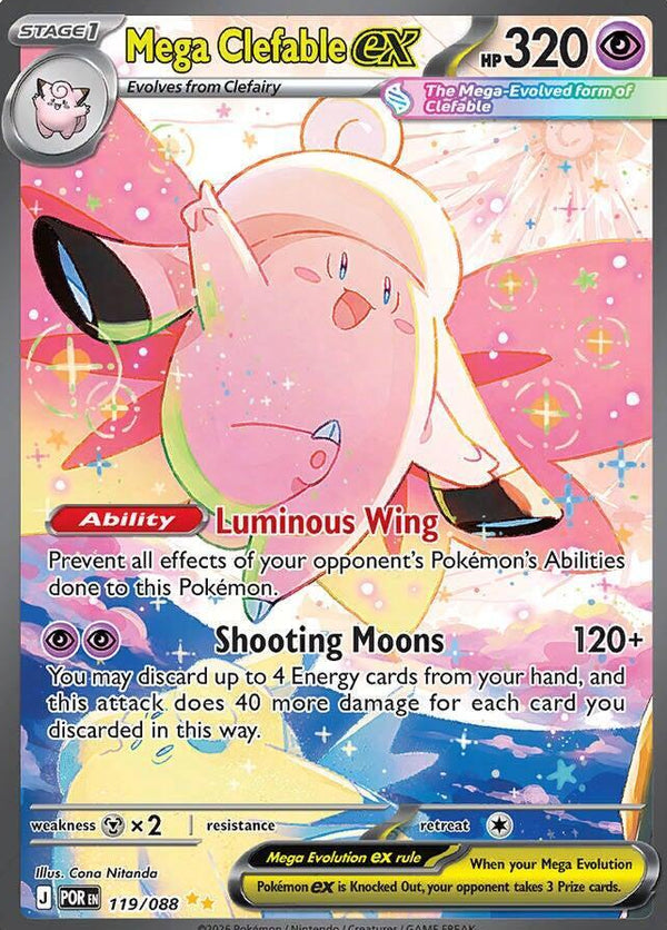 Pokémon trading card featuring Mega Clefable EX with colorful design and text.